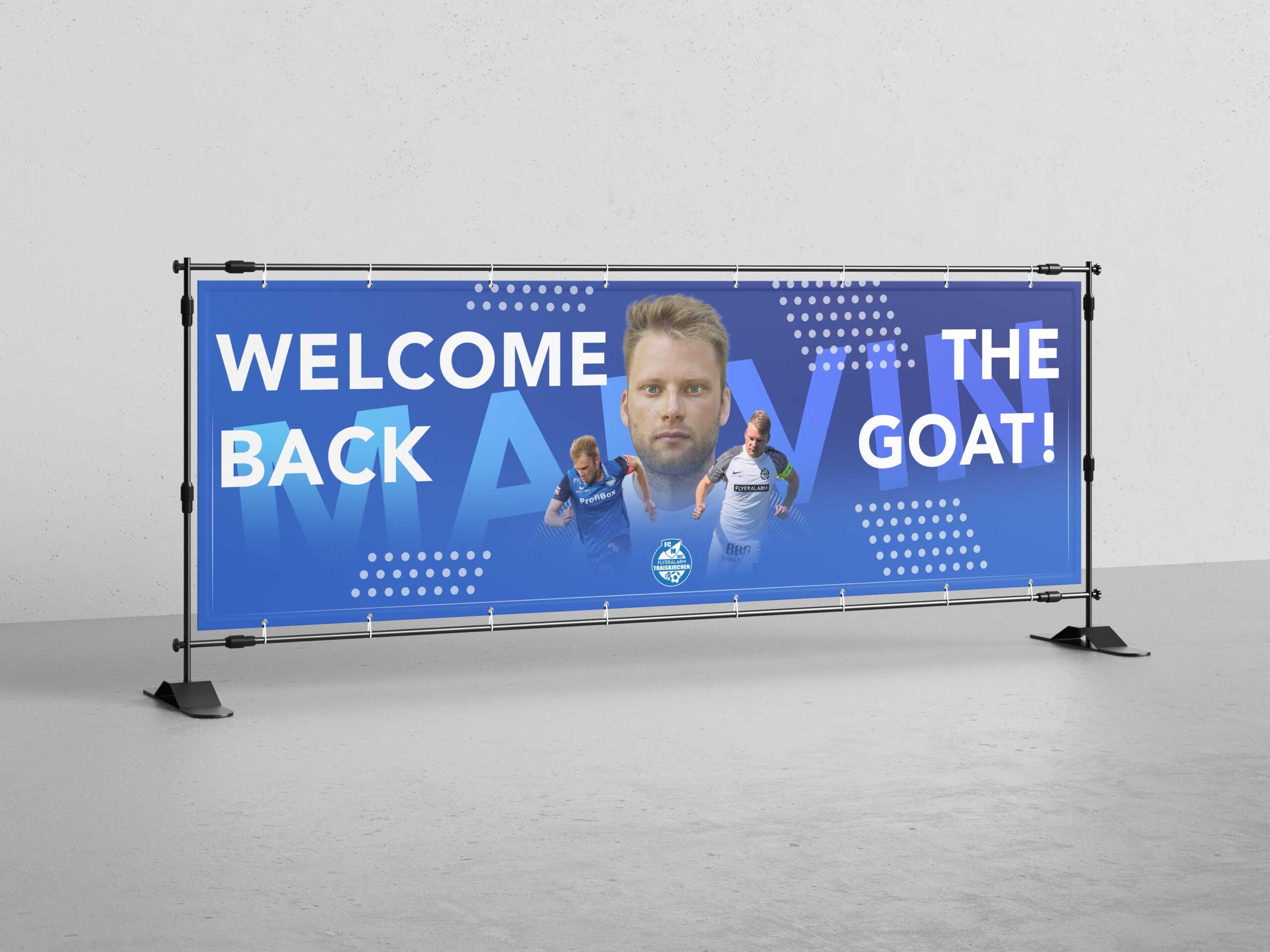Willkommen-Banner für Spieler Nr. 15 Marvin Trost des FCM Traiskirchen mit seinem Porträt und einer Spielsituation.