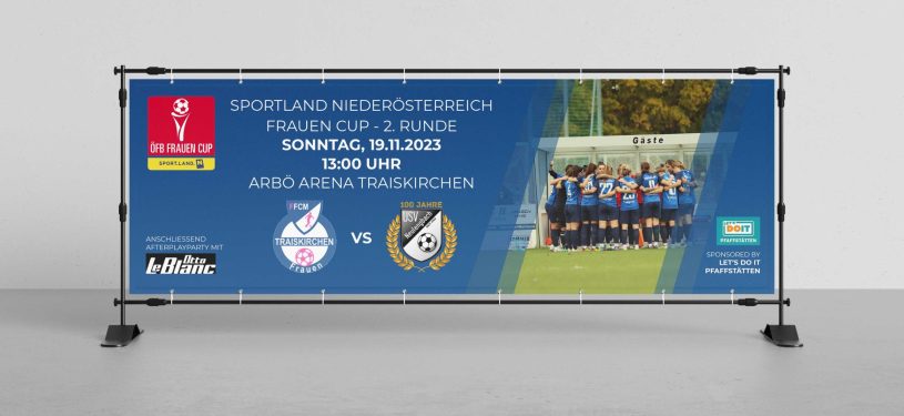 Spielankündigungs-Banner der FCM Traiskirchen Frauen mit Foto, Vereinswappen und Spieltermin.